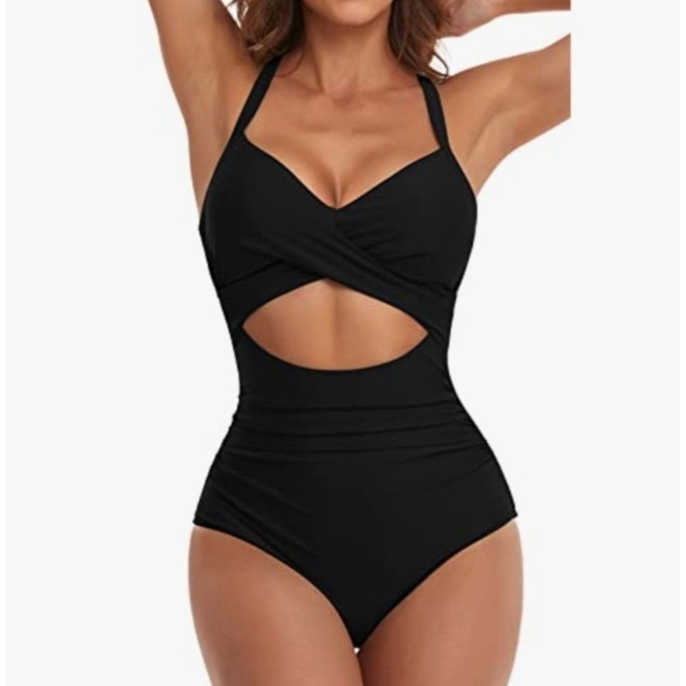 Eomenie Womens 20W Black One Piece Swimsuit Tummy Control Cutout Ruched NWT